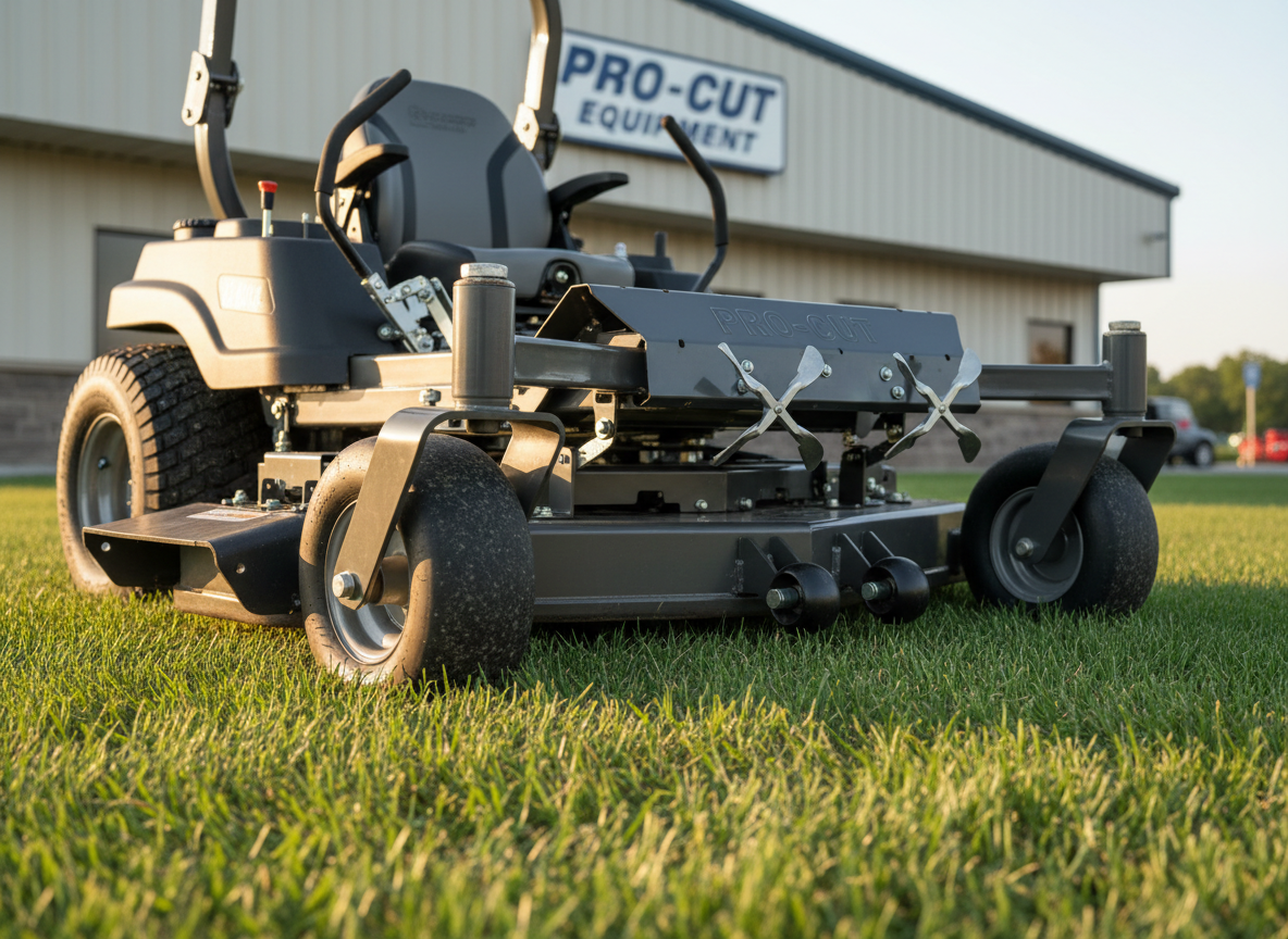 A close-up, photographic realism shot of a zero-turn mower deck, its heavy-duty steel housing clean and slightly glossy, showing precision-sharpened blades beneath. The mower is parked on a neatly trimmed, vibrant green lawn outside a tidy equipment dealership building with neutral siding and subtle branding on the wall in the distance. Late afternoon natural light creates soft highlights along the metal surfaces and casts gentle shadows into the grass blades. The composition uses a low-angle perspective and shallow depth of field, focusing on the craftsmanship of the deck, rugged wheels, and reinforced frame. The mood is professional and confident, emphasizing durability, performance, and expert care for outdoor power equipment.