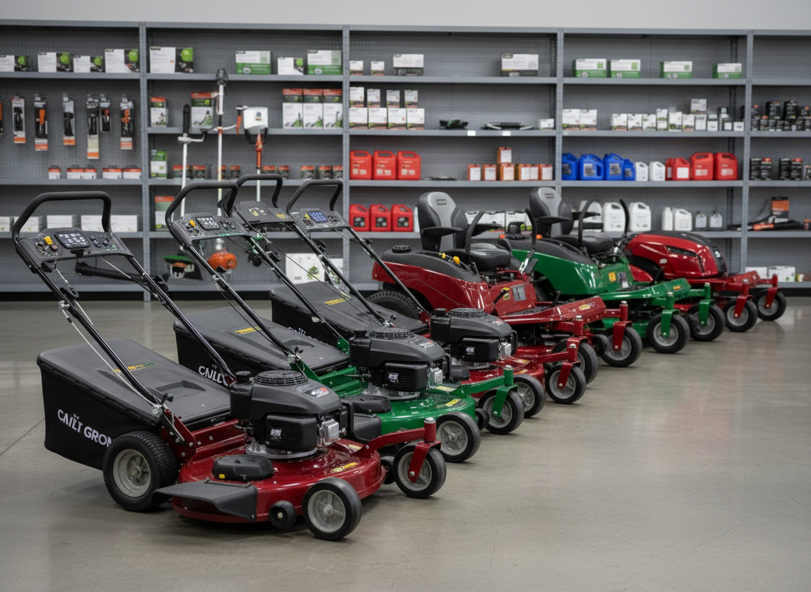 A lineup of premium lawn mowers and compact outdoor power equipment arranged in a neat row on a clean, polished concrete showroom floor. Each machine has vividly colored, freshly painted decks in deep red and forest green, with gleaming chrome handles and clearly labeled control panels. Behind them, tall, well-organized shelving displays boxed accessories, fuel cans, and neatly stacked mower blades. Soft, even studio-style lighting washes over the scene, eliminating harsh shadows and highlighting the pristine condition of each unit. Captured at eye level with a moderate depth of field so the foreground mowers are crisp while the background gently softens. The photographic realism and clean, modern aesthetic convey professionalism, reliability, and a premium dealership experience for small engine equipment.