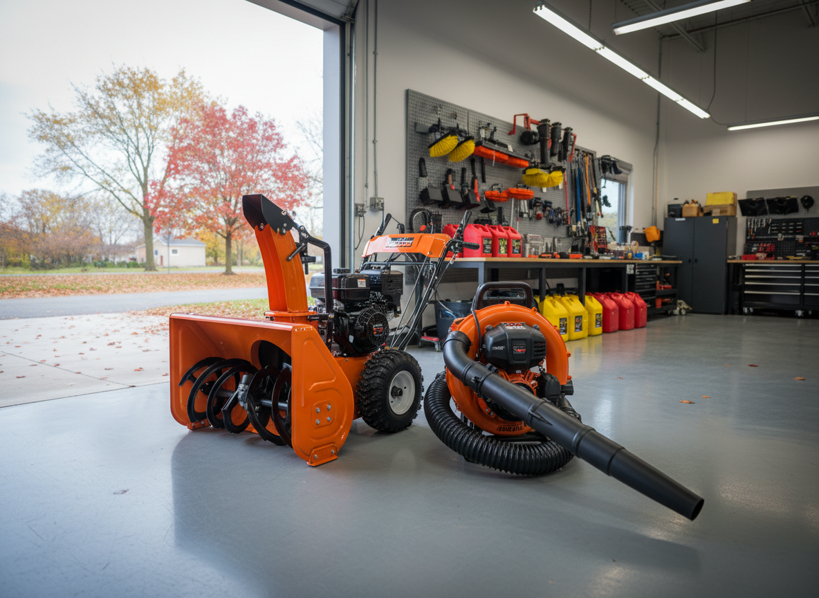 A rugged commercial snow blower and a heavy-duty leaf blower positioned side by side just inside the open bay door of a dealership service area, showcasing seasonal versatility. The equipment sits on a spotless epoxy-coated floor, with racks of neatly stored attachments and fuel containers visible deeper in the workshop. Outside the bay door, a hint of late autumn foliage and a lightly overcast sky suggest seasonal change. Natural light from the doorway mixes with cool overhead shop lighting, creating balanced, soft illumination and subtle reflections on the equipment’s painted surfaces. Captured from a three-quarter angle, the composition emphasizes both machines’ sturdy construction and ergonomic handles. The mood is prepared and dependable, with photographic realism that highlights year-round power equipment solutions.