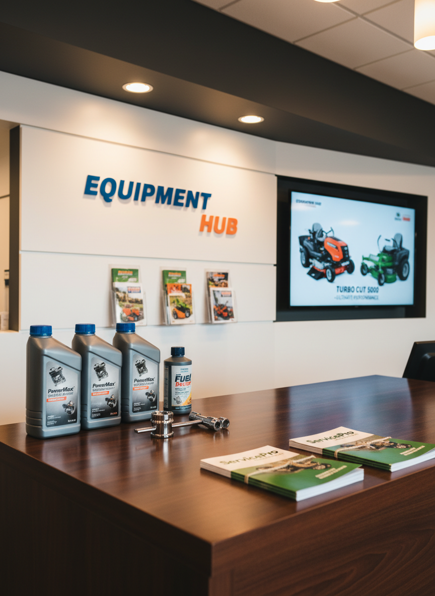 A polished front counter area of an equipment dealership, featuring a solid wood countertop with a subtle satin finish and a neatly displayed array of small engine care essentials: premium engine oil bottles, fuel stabilizer, spark plug gapping tools, and maintenance manuals stacked with precision. Behind the counter, a clean, branded wall with organized brochure holders and a digital display showing mower models reinforces professionalism. Warm, indirect overhead lighting creates a welcoming glow and gentle reflections on the countertop. Photographed from a slightly elevated, three-quarter angle, the composition leads the eye from the foreground products to the tidy background, with a moderate depth of field keeping everything legible. The mood is reassuring and service-oriented, expressing expert guidance and top-quality products in a realistic, modern business setting.